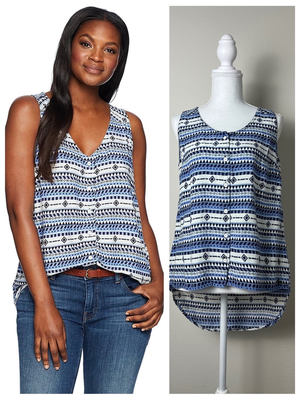 Kavu Tribal Print Sleeveless Tank Top Small Boho Festival High Low Blouse